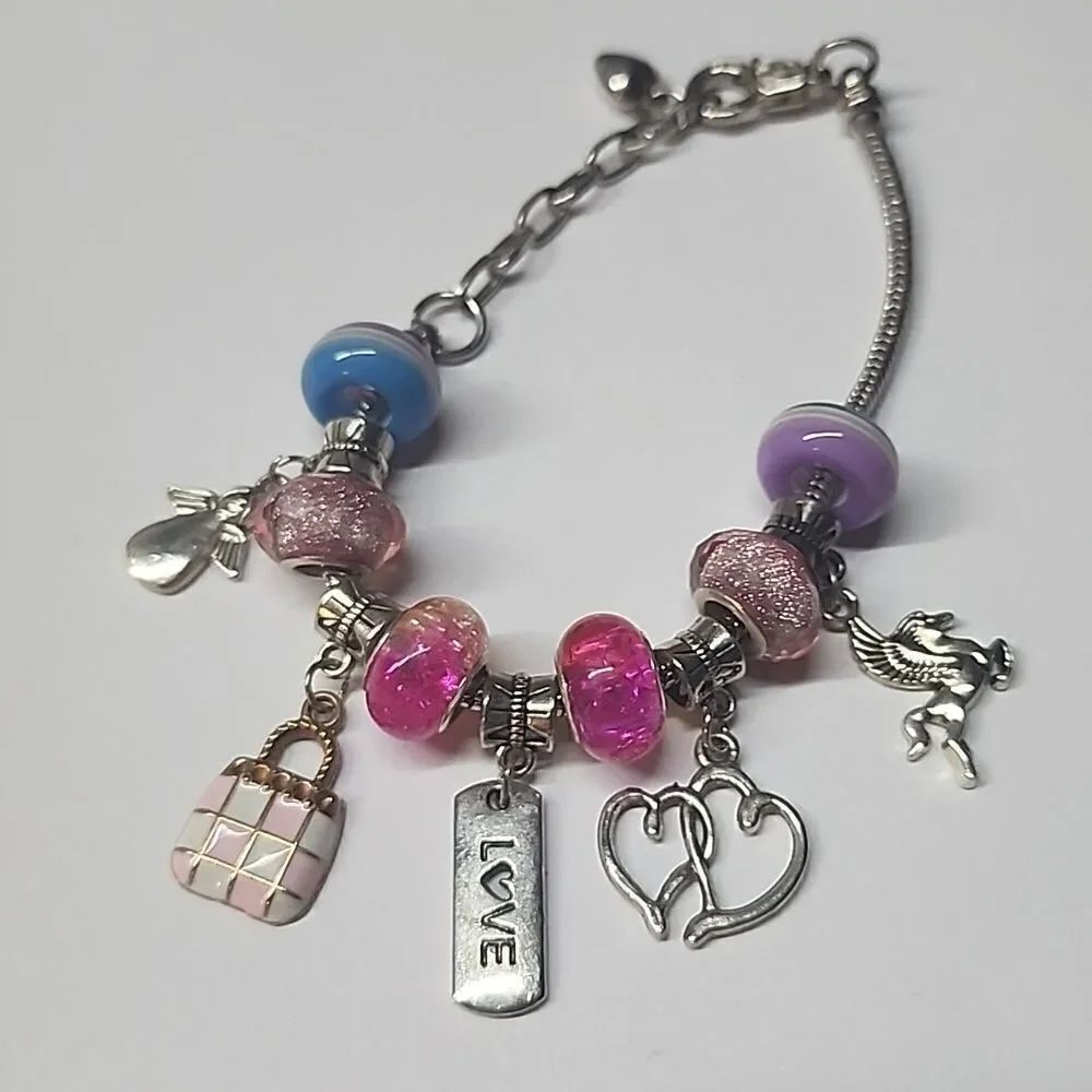 Womens Charm Bracelet Silver Tone Slide Charms
